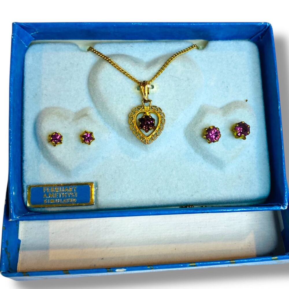 Vintage Simulated Amethyst Goldtone Necklace Earring Set New Old Stock Heart